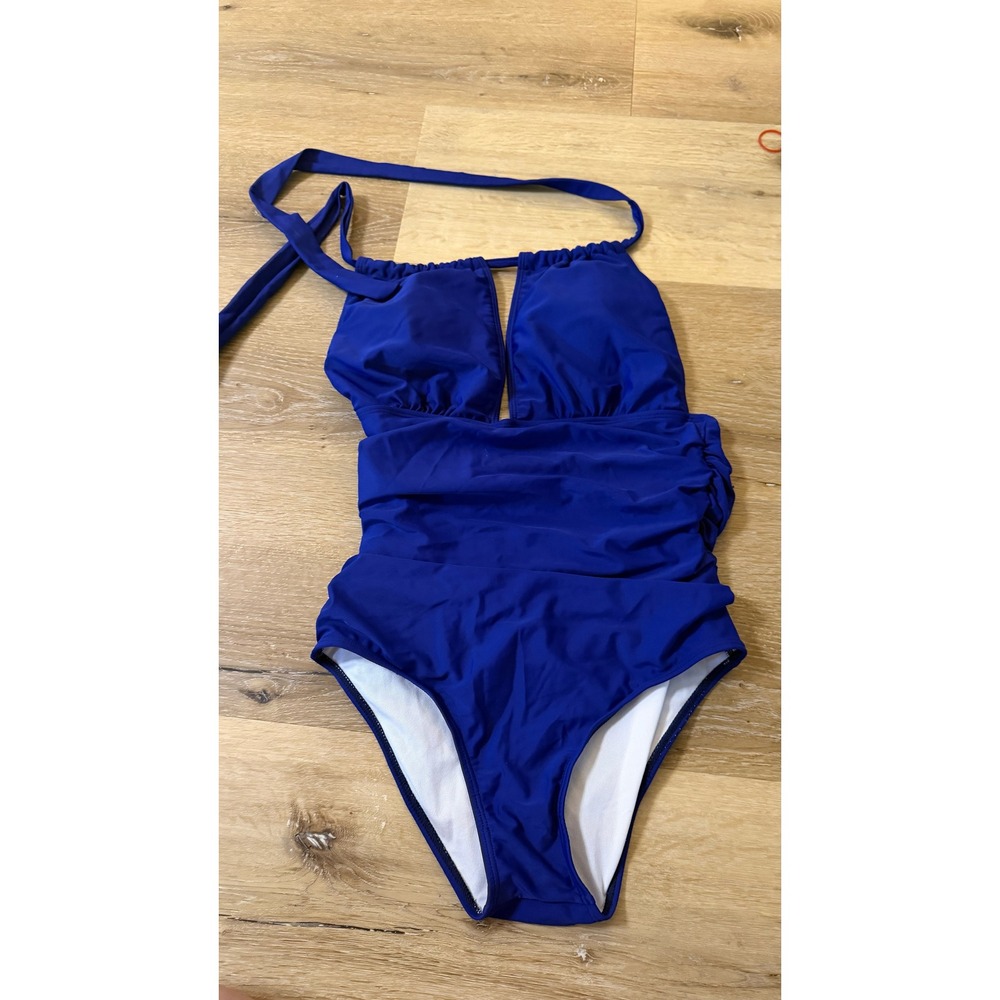 Womens Royal Blue Ruched One Piece Swimsuit Halter Neck Keyhole Cutout Size S